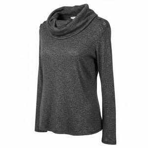 WHBM Marled Gray Cowl Neck Button Shoulder Cozy Quiet Luxury Sweater Top M